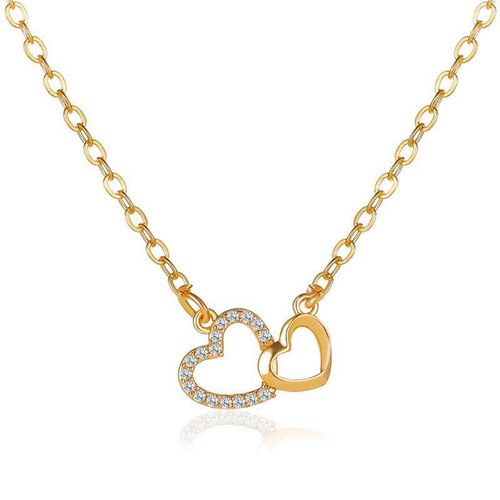 Collier Mignon Double En Forme De CUr Pour Femmes, Pendentif En Zircon Cristal Exquis, Chane De Clavicule En Or, Bijoux De Mariage