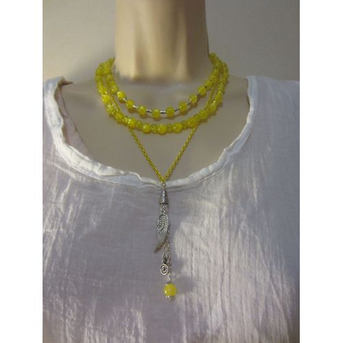 Collier Multi Rangs Jaune En Perles De Verre