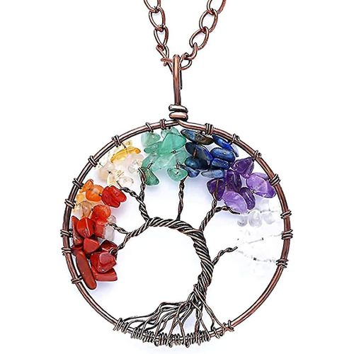 Collier Pendentif Arbre De Vie En Cristal 7 Couleurs, Pierre De Culbutage, Arbre De Sagesse Exquis, Collier En Cuivre Ancien, Cristaux, Collier Arbre De Vie  Quartz 7 Ch