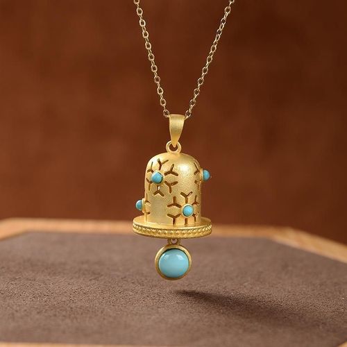 Collier Pendentif Cloche En Argent Incrust, Naturel Turquoise Classique, Style Chinois Rtro Creux Dor Bijoux Pour Femmes