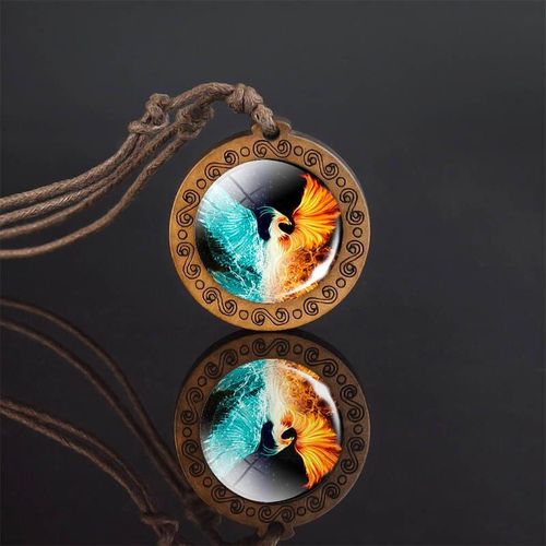 Collier Pendentif En Bois Rtro Fait  La Main, Lumineux Yin Yang Phoenix, Cabochon En Verre,  La Mode, Livraison Directe