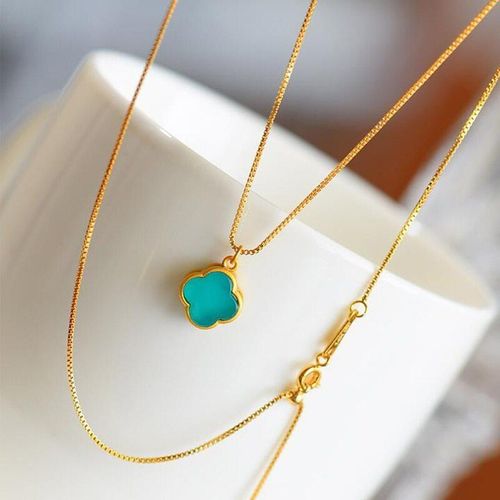 Collier Pendentif En Or Turquoise  Quatre Feuilles Pour Femmes, Artisanat Ancien Incrust De Fleur, Bijou Simple, Breloque Exquise, Nouvelle Collection