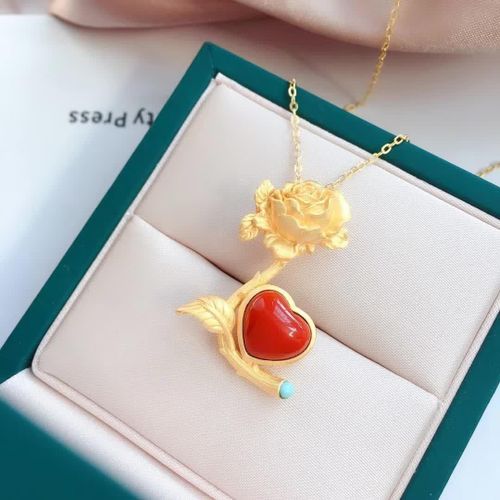 Collier Pendentif Rose D'amour Rouge Du Sud Pour Femmes, En Argent Incrust, Naturel, Style Chinois Rtro, Unique, Ancien, Artisanat De Marque En Or