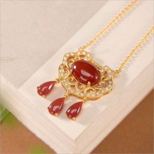 Collier Pendentif Serrure Rouge Sud De Bons VUx, Collier En Argent Sterling Plaqu Or, Diamant, Serrure De Scurit En Agate Rouge, Chane Pala
