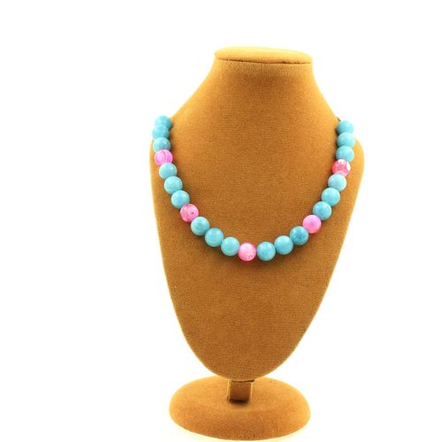 Collier Perles Calcdoine Bleu + Agate Craquel Fuchsia 8 Mm Chaine En Acier Inoxydable.