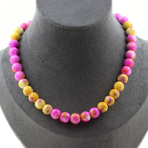 Collier Perles Jaspe Rose Jaune + Jaspe Jaune Violet 8 Mm. Chaine En Collier Femmes, Hommes. Taille Personnalisable.
