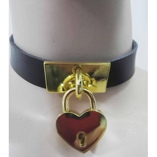 Collier Ras Du Cou En Cuir Noir Et Or Avec Rivets Foncs, Fait  La Main, Serrure En Forme De CUr Et Cl, Style Punk, Livraison Gratuite