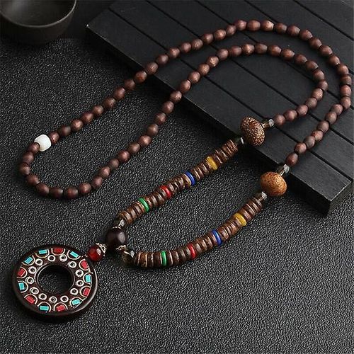 Collier Unisexe Fait Main Npal Bouddhiste Mauvais Pendentif Perles Bois Et Collier Ethnique Corne De Poisson Longue Dclaration De Femmes Bijoux Couleur E