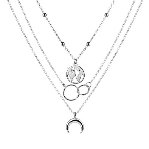 Collier Vintage Argent Pour Femmes, Pendentif En Forme De Lune Et De Carte, Style Bohme, Cercle, Gomtrie Superpose,  La Mode, 2020