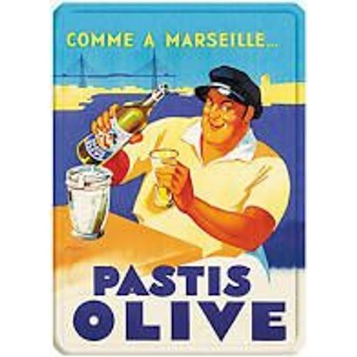 Comme A Marseille Pastis Olive - Marc - Plaque Publicitaire Mtal Bombe 14,5x20,5 Cm - Cartexpo