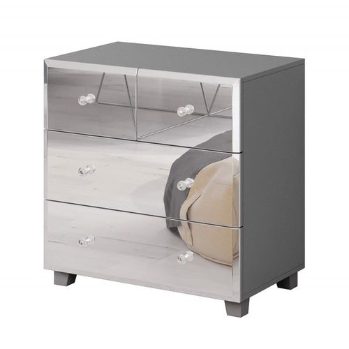Commode 4 Tiroirs Corps Gris Et Faades Recouvertes De Miroirs Collection Luxor.
