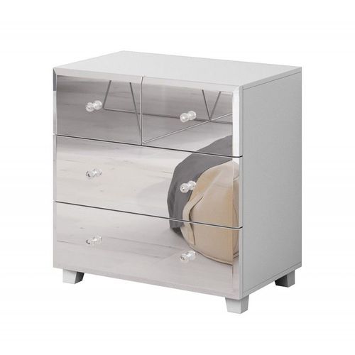 Commode 4 Tiroirs Corps Blanc Et Faades Recouvertes De Miroirs Collection Luxor.
