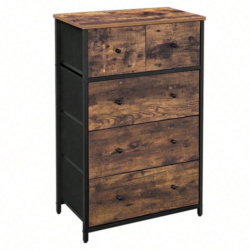 Commode Avec 5 Tiroirs En Tissu, Style Industriel, Marron Rustique Et Noir