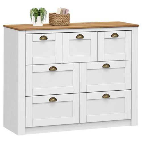 Commode Bolton Buffet Meuble De Rangement Avec 3 Petits Et 4 Grands Tiroirs, Style Classique, En Pin Massif Lasur Blanc Et Brun
