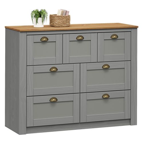 Commode Bolton Buffet Meuble De Rangement Avec 3 Petits Et 4 Grands Tiroirs, Style Classique, En Pin Massif Lasur Gris Et Brun