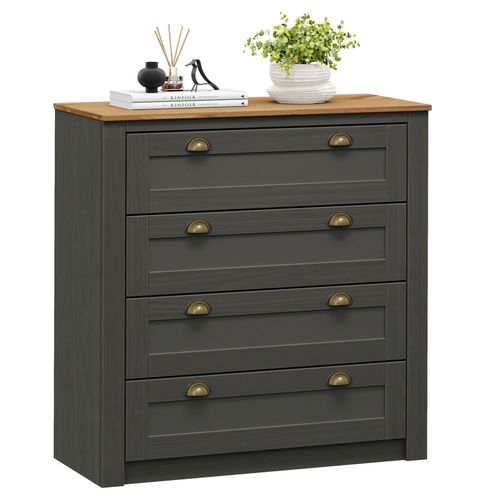 Commode Bolton Buffet Meuble De Rangement Avec 4 Tiroirs, Style Classique, En Pin Massif Lasur Gris Anthracite Et Brun