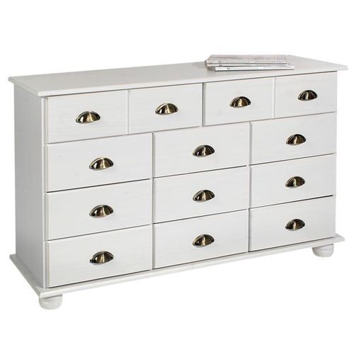 Commode Colmar Chiffonnier Apothicaire Rangement Avec 11 Tiroirs En Pin Massif Lasur? Blanc
