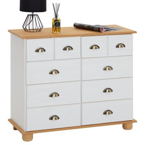 Commode Colmar Chiffonnier Apothicaire Rangement Avec 8 Tiroirs En Pin Massif Lasur? Blanc Et Brun