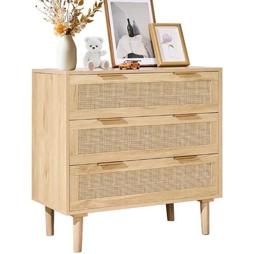Commode En Rotin  3 Tiroirs-Vevor-Meuble De Rangement Style Bohme-Avec Poignes Et Pieds Robustes-Chambre, Salon