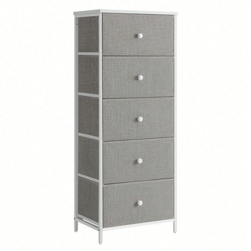Commode, Meuble De Rangement Pour Chambre, Colonne De Rangement En Tissu Avec 5 Tiroirs, Cadre En Mtal, Gris Tourterelle Et Blanc Crme