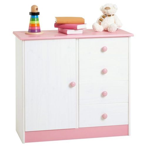 Commode Enfant Rondo Lasur Blanc Et Rose En Pin Passif Buffet Meuble De Rangement Pour Chambre Enfant Avec 4 Tiroirs Et Une Porte