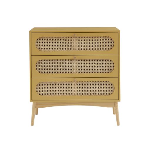 Commode Jaune Safran Et Cannage Rotin 3 Tiroirs