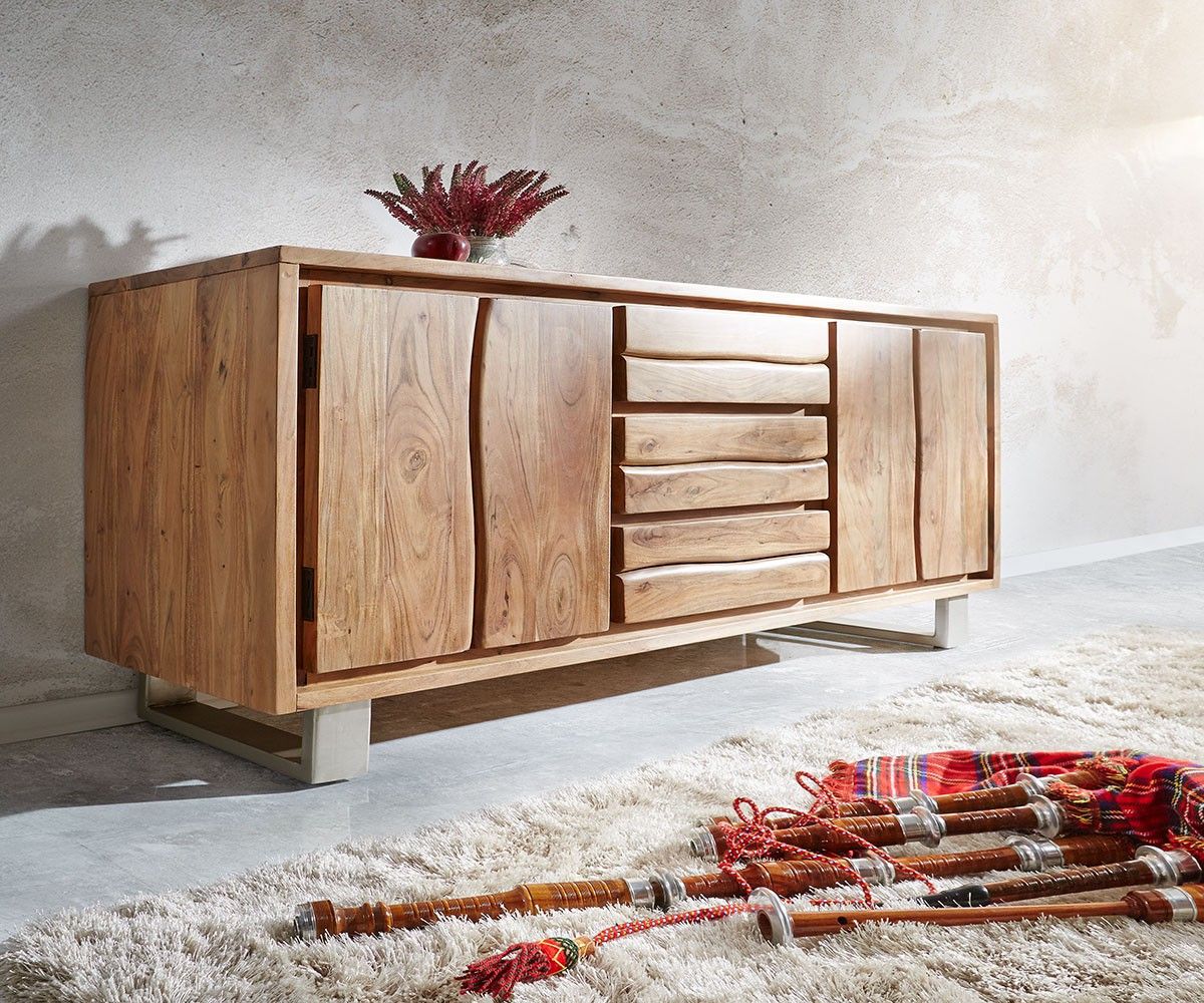 Commode Live-Edge Acacia Nature 172 Cm 4 Portes 3 Tiroirs Buffet Tronc D'arbre