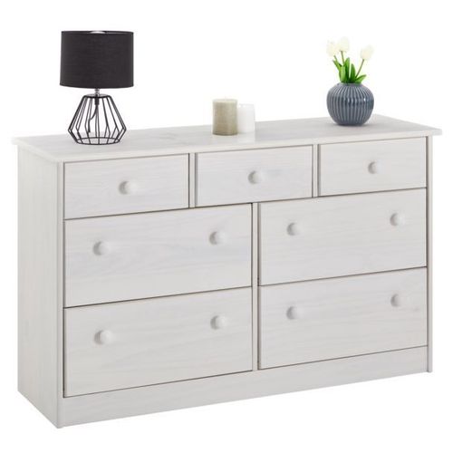 Commode Rondo Bahut Buffet Meuble De Rangement Avec 3 Petits Et 4 Grands Tiroirs, En Pin Massif Lasur? Blanc