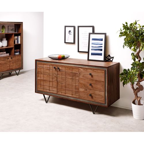 Commode Stonegrace Acacia Brun 3d 150 Cm 2 Portes 3 Tiroirs Pied En V Noir Sideboard
