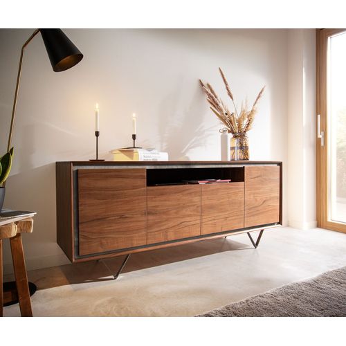 Commode Stonegrace Acacia Marron Plaqu? Pierre 175 Cm 4 Portes 1 Compartiment Pied En V Noir Sideboard