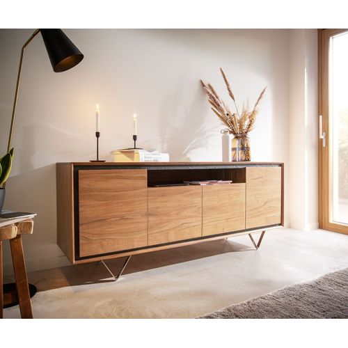 Commode Stonegrace Acacia Nature 175 Cm 4 Portes 1 Compartiment Placage En Pierre Buffet ? Pieds En V