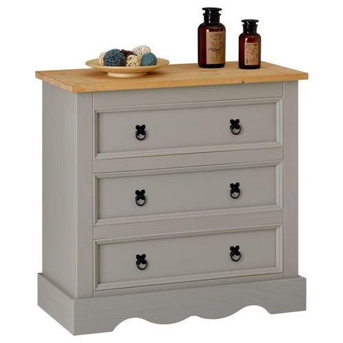 Commode Tequila Buffet Bahut Vaisselier En Bois Style Mexicain Avec 3 Grands Tiroirs, En Pin Massif Lasur? Gris Et Brun