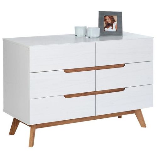 Commode Tibor Style Scandinave Design Vintage Nordique Avec 6 Tiroirs, En Pin Massif Lasur? Blanc