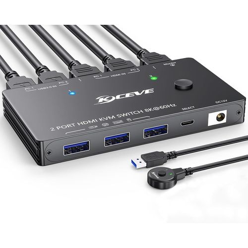 Commutateur Kvm 1 Moniteurs 2 Ordinateurs 8K@60Hz 4K@120Hz, Hdmi Kvm Switch Pour 2 Pc 1 Moniteurs Et 3 Appareils Usb 3.0, Tlcommande Filaire Inclus[HUB6110434]