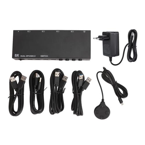 Commutateur KVM double DP 8K30Hz 4K144Hz, émulateur EDID, prend en charge la copie et l'affichage étendu, commutateur KVM USB3.0 4 entrées 2 sorties, 100 à 240V, prise ue