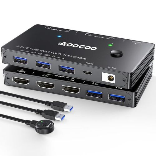 Commutateur Kvm Hdmi 2.1 8K  60 Hz, Commutateur Kvm Pour 2 Pc Et 1 cran Avec Port Usb 3.0, Tlcommande Filaire, Cble Usb 3.0 Inclus[HUB6110498]