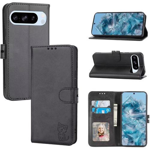 Compatible Avec Coque Google Pixel 9 Pro 5g En Cuir Portefeuille Etui Avec Fentes De Cartes, Fonction Support+Film De Protection D`cran, Flip Case Housse-Noir