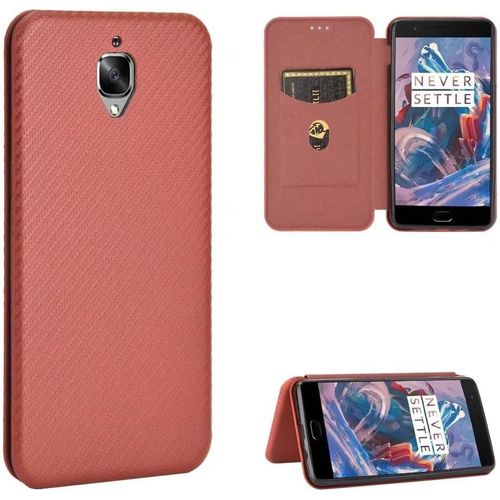Compatible Avec Coque One Plus 3, Mince Flip Fibre De Carbone [Test De Chute] Antichoc Stand Fente Avec Carte, Protecteur D'cran En Verre Tremp*2-Marron