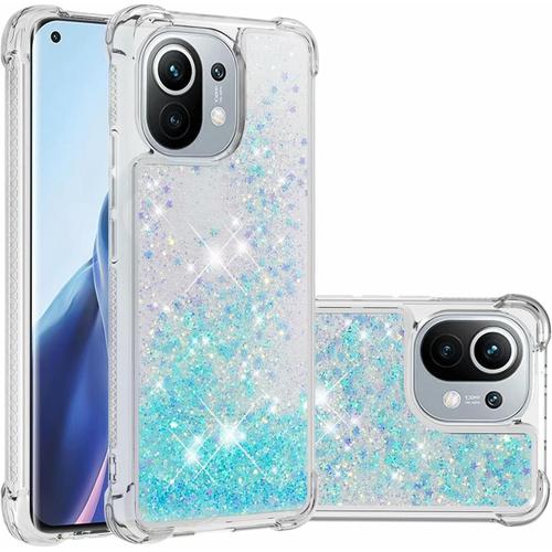 Compatible Avec Coque Xiaomi Mi 11 Brillant Liquide Sables Mouvant Transparent Quatre Coins Anti-Lutte Tpu Pare-toile  Cinq Dranches Bleu Argent