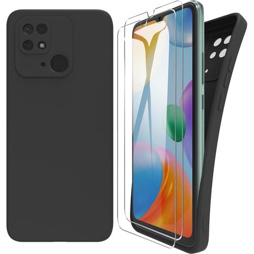 Compatible Avec Coque Xiaomi Redmi 10c, Coque De Protection Pour Xiaomi Redmi 10c Avec 2 Films De Protection, Coque De Protection En Silicone Liquide Tpu, Coque Arrire Mince - Noir