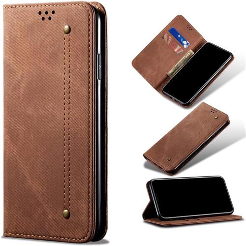 Compatible Avec Etui Huawei Mate 30e Pro, Flip Jeans Portefeuille Housse Avec Fente Carte, Magntique Stand+Protecteur D'cran En Verre Tremp*2-Brun