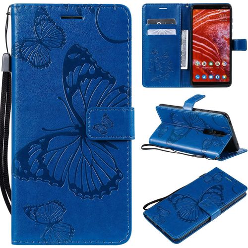 Compatible Avec Nokia 3.1 Plus Coque, Flip tui Housse Case- Conception Avec Fonction Portefeuille Et Support - Motif Papillon Bleu