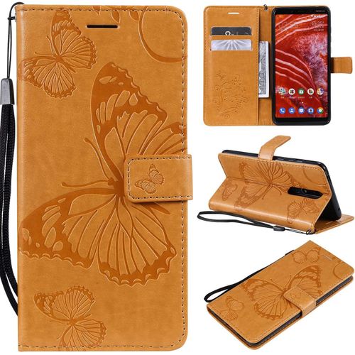 Compatible Avec Nokia 3.1 Plus Coque, Flip tui Housse Case- Conception Avec Fonction Portefeuille Et Support - Motif Papillon Jaune