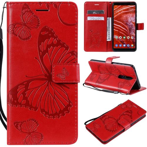 Compatible Avec Nokia 3.1 Plus Coque, Flip tui Housse Case- Conception Avec Fonction Portefeuille Et Support - Motif Papillon Rouge