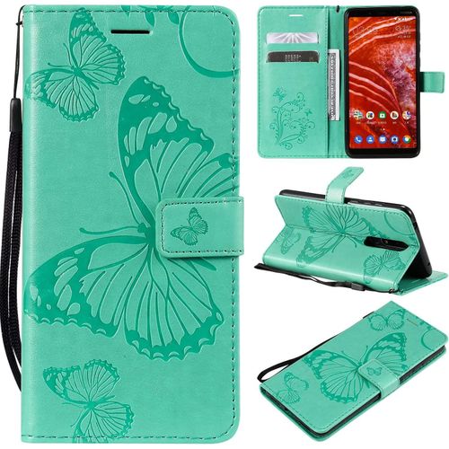 Compatible Avec Nokia 3.1 Plus Coque, Flip tui Housse Case- Conception Avec Fonction Portefeuille Et Support - Motif Papillon Vert