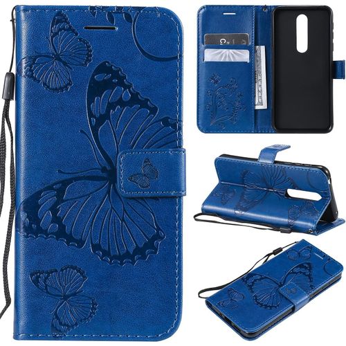 Compatible Avec Nokia 7.1 Coque, Flip tui Housse Case- Conception Avec Fonction Portefeuille Et Support - Motif Papillon Bleu