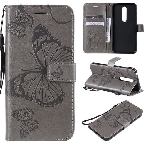 Compatible Avec Nokia 7.1 Coque, Flip tui Housse Case- Conception Avec Fonction Portefeuille Et Support - Motif Papillon Gris
