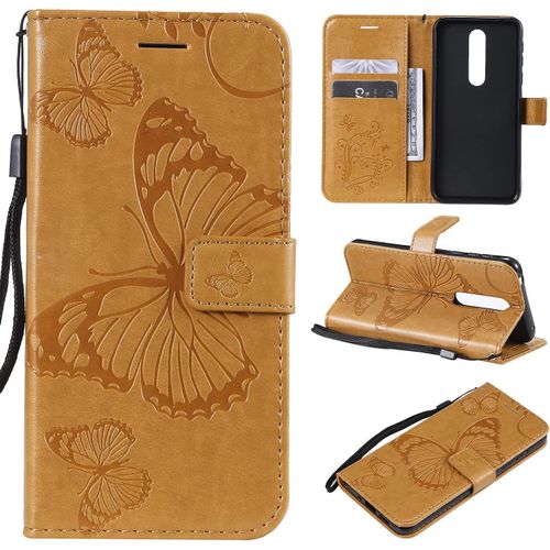 Compatible Avec Nokia 7.1 Coque, Flip tui Housse Case- Conception Avec Fonction Portefeuille Et Support - Motif Papillon Jaune