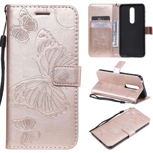 Compatible Avec Nokia 7.1 Coque, Flip tui Housse Case- Conception Avec Fonction Portefeuille Et Support - Motif Papillon Or Rose