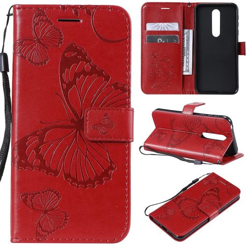 Compatible Avec Nokia 7.1 Coque, Flip tui Housse Case- Conception Avec Fonction Portefeuille Et Support - Motif Papillon Rouge